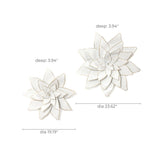 Two exquisite ceramic flower wall sculptures, reminiscent of delicate white lotus decorations, have dimensions as follows: larger flower boasts a diameter of 23.62 inches and a depth of 3.94 inches; the smaller at 19.19 inches in diameter with the same depth.