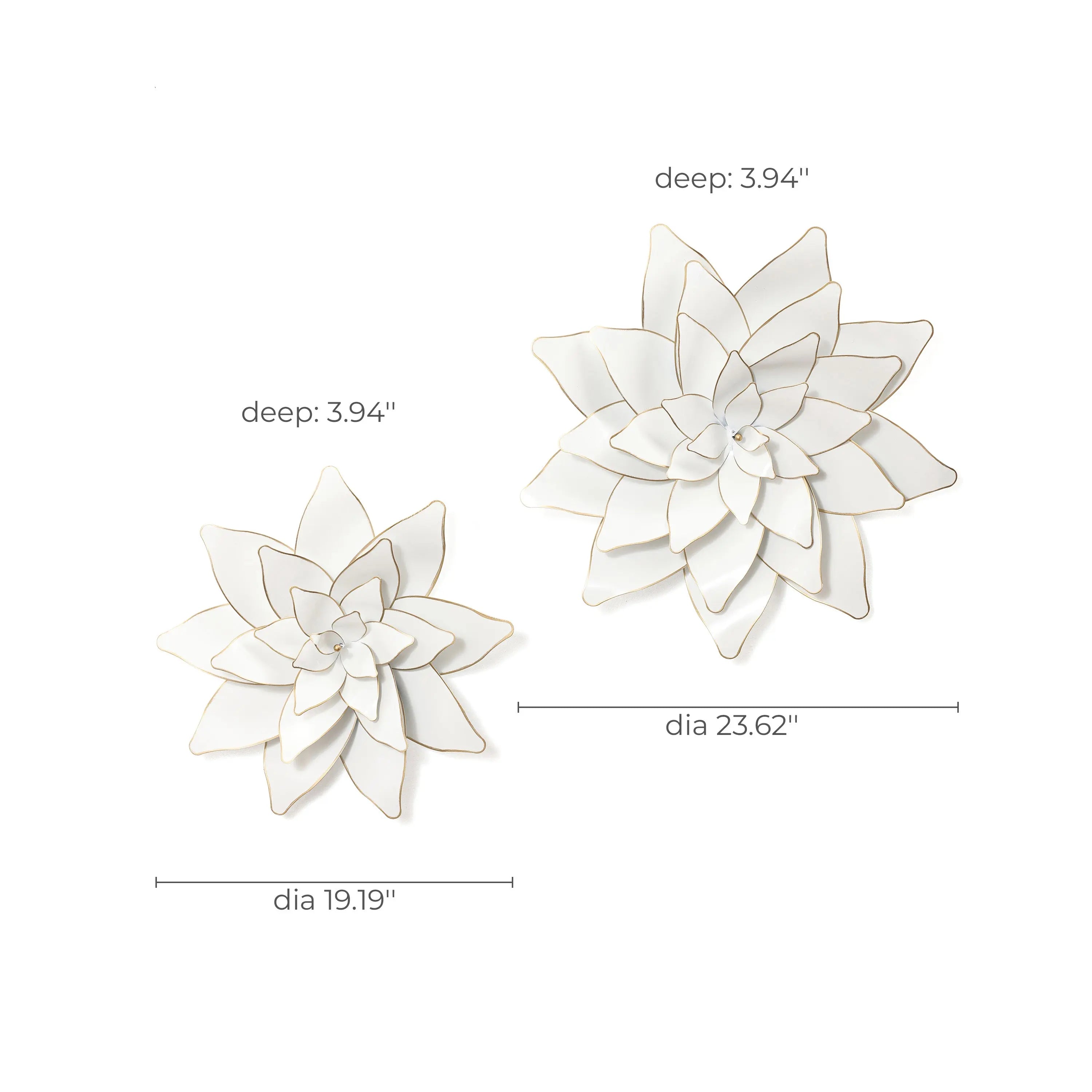 Two exquisite ceramic flower wall sculptures, reminiscent of delicate white lotus decorations, have dimensions as follows: larger flower boasts a diameter of 23.62 inches and a depth of 3.94 inches; the smaller at 19.19 inches in diameter with the same depth.