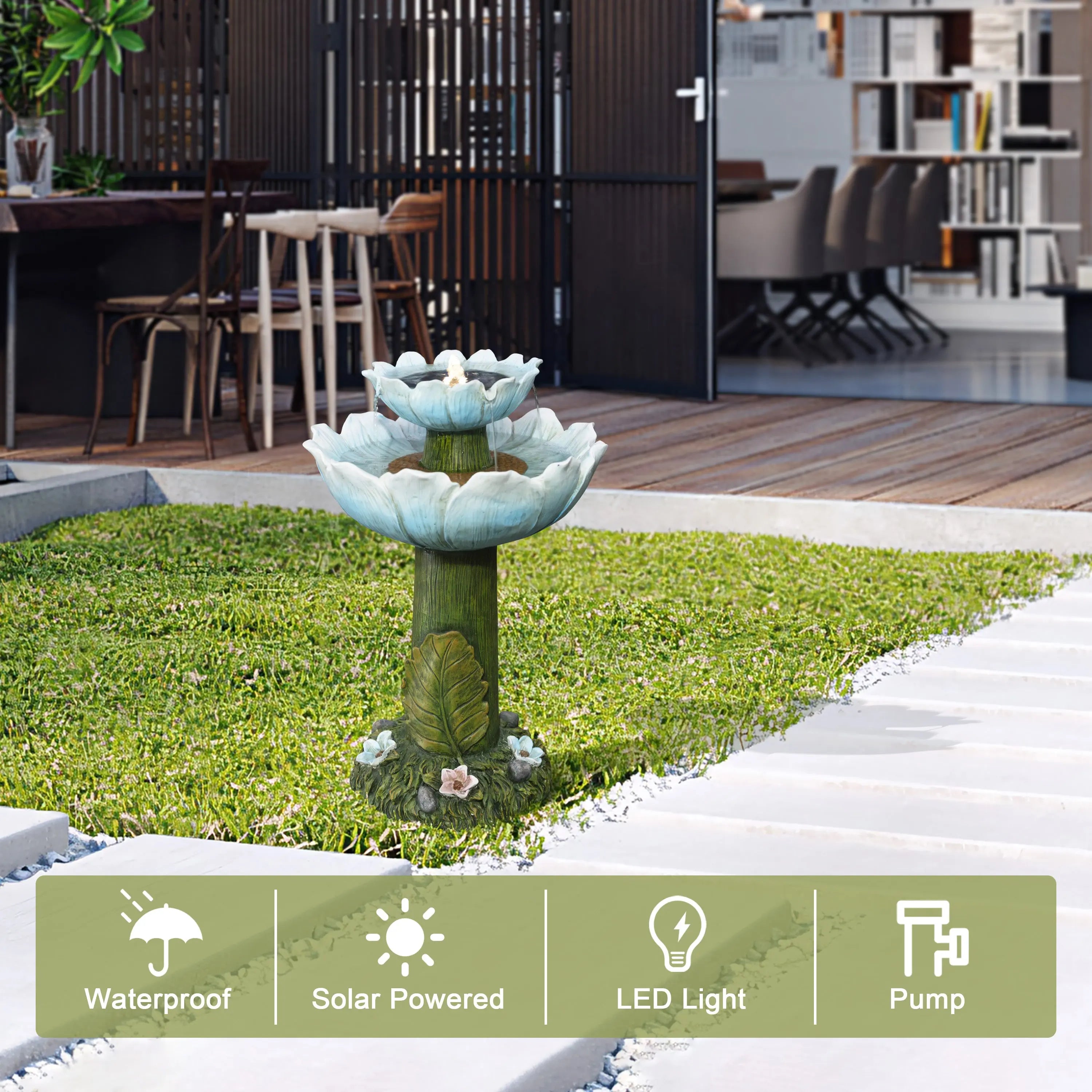 flower-shaped-solar-powered-fountain-and-a-solar-charged-water-pump-with-a-smart-home-control-panel-and-a-dining-table-in-the-background