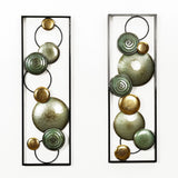 LuxenHomes Glam Dishes Metal Wall Art, set of 2, features two rectangular frames showcasing artistic spiral circles in green, gold, and bronze. Perfect for modern interiors.