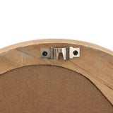 A wall mounting bracket attached to the back of an organic decor pine frame with two screws.