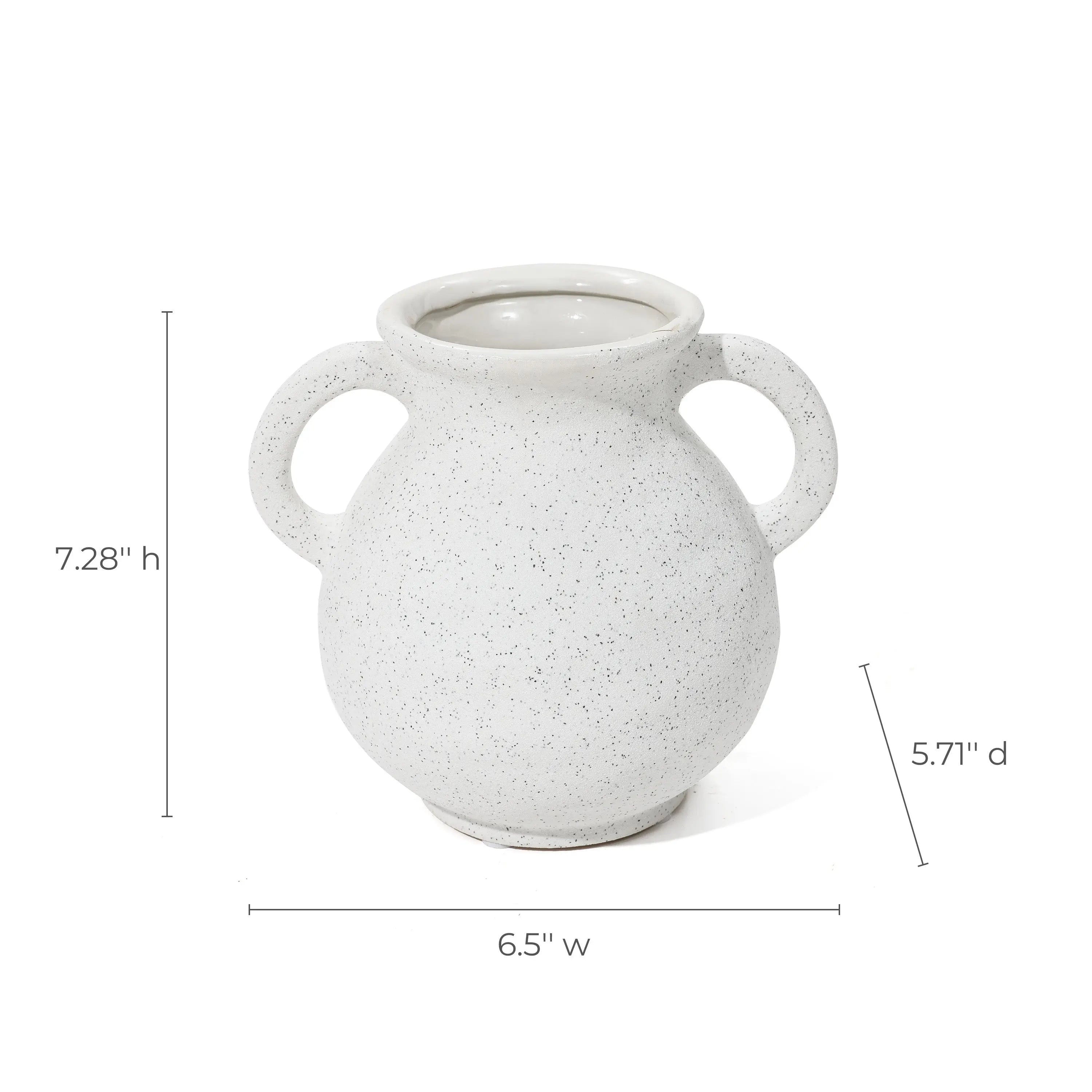 Vintage-inspired ceramic vase with a decorative jug design, featuring white speckles and dual handles. It measures 7.28 inches in height, 6.5 inches in width, and 5.71 inches in depth, making it a charming addition to any space.