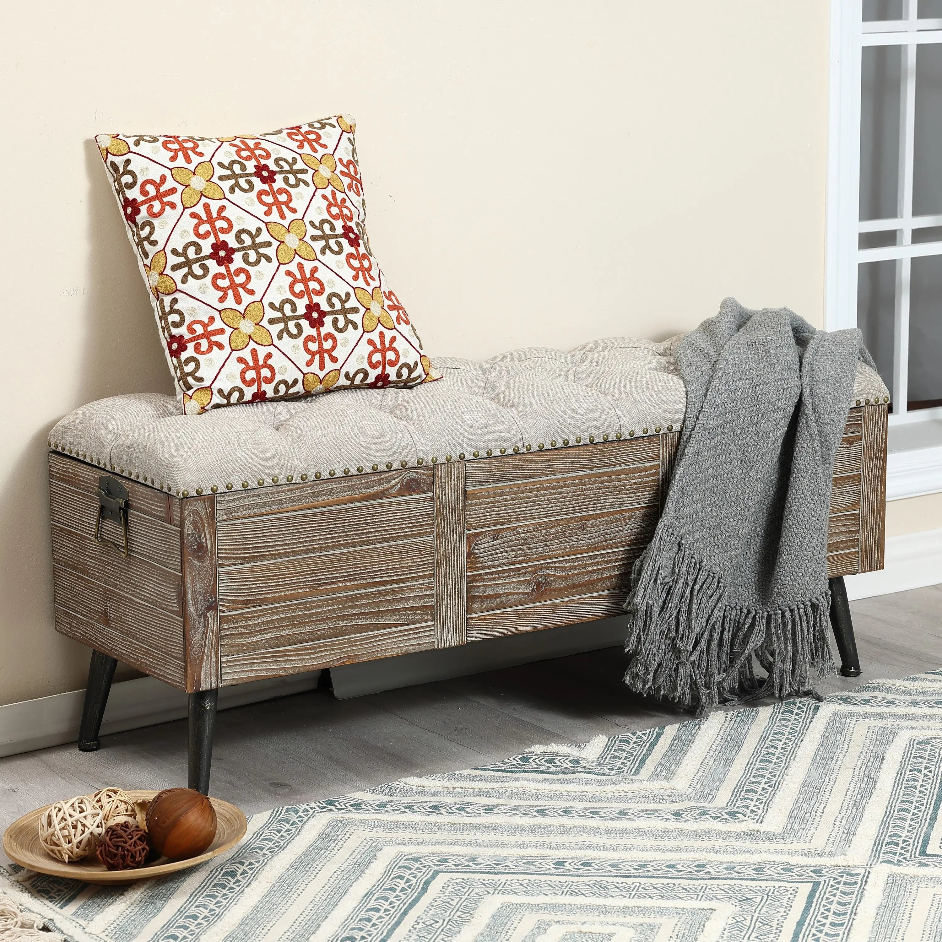 47.2-Inch Wide Upholstered Wood Storage Bench - LuxenHome