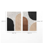 Two abstract wall art pieces feature geometric shapes with curved and linear patterns in black, beige, and brown. Perfect for a personalized gallery wall, each piece measures 18.8 wide by 25.5 high, with a depth of 1.18.