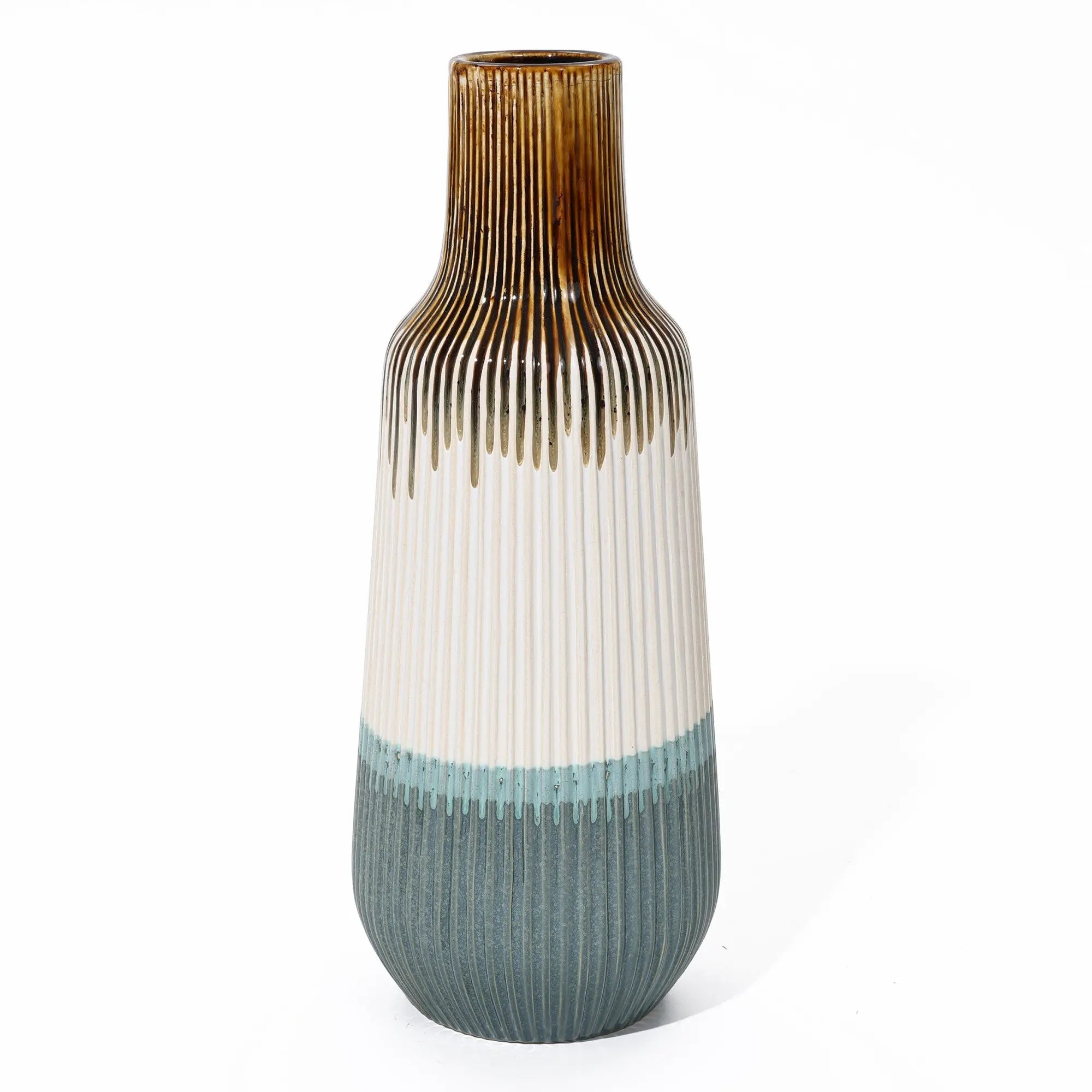 High-quality ceramic vase with vertical ridges, showcasing a colorful blend of brown, white, and blue sections. Its narrow opening adds an elegant touch to any home decor.