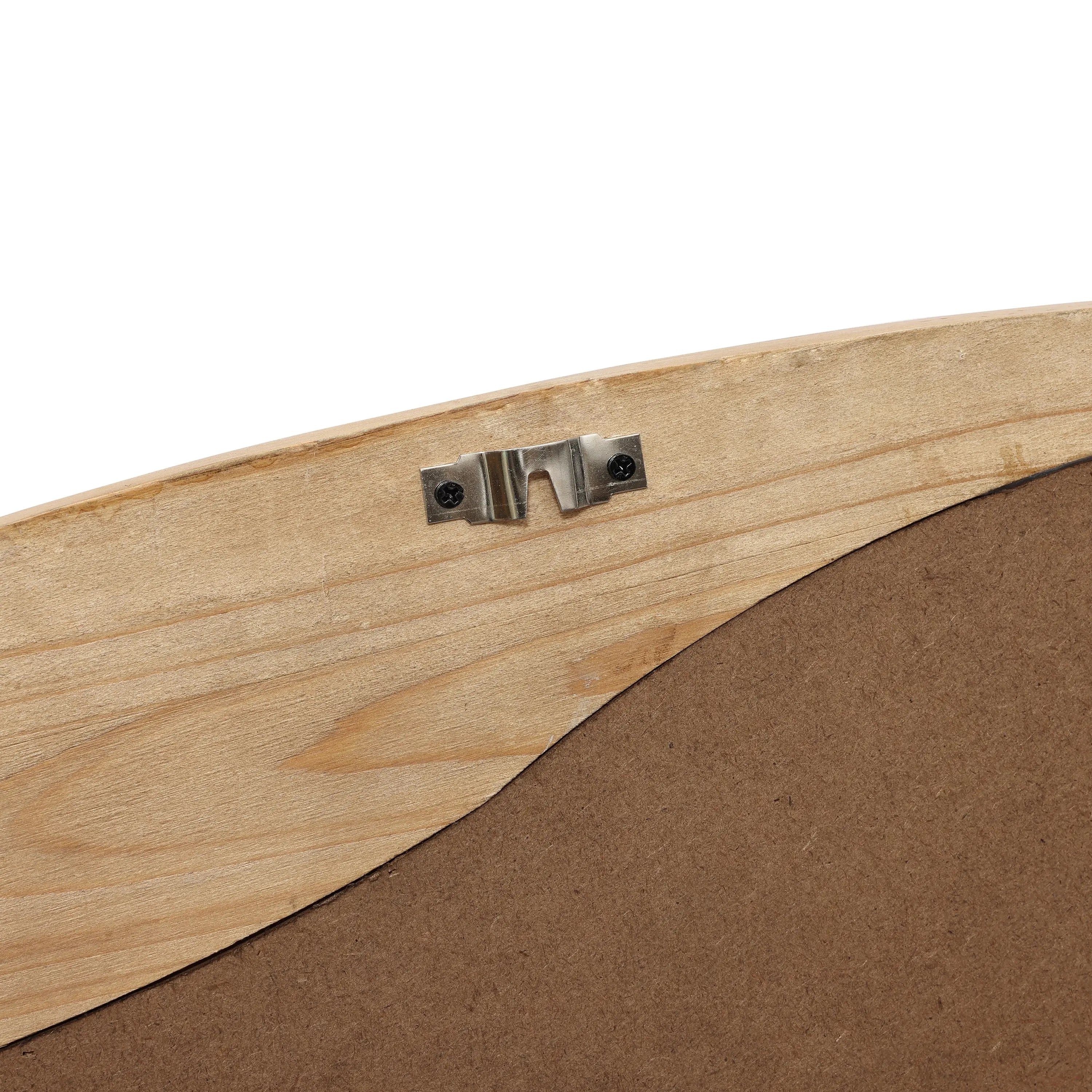 The back of a wooden frame features a metal hanging bracket and a brown backing, embodying an organic decor style that highlights the natural beauty of materials.