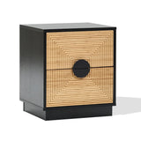 The LuxenHome Ethan bamboo stripped black nightstand features a contemporary design with two drawers, showcasing a geometric square pattern in light wood. With its round black handles, it elegantly stands against a plain white background.