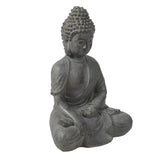 Gray Buddha statue in a meditative pose with one hand resting on the lap and the other on the knee, perfect as weather resistant garden decor, isolated on a white background.