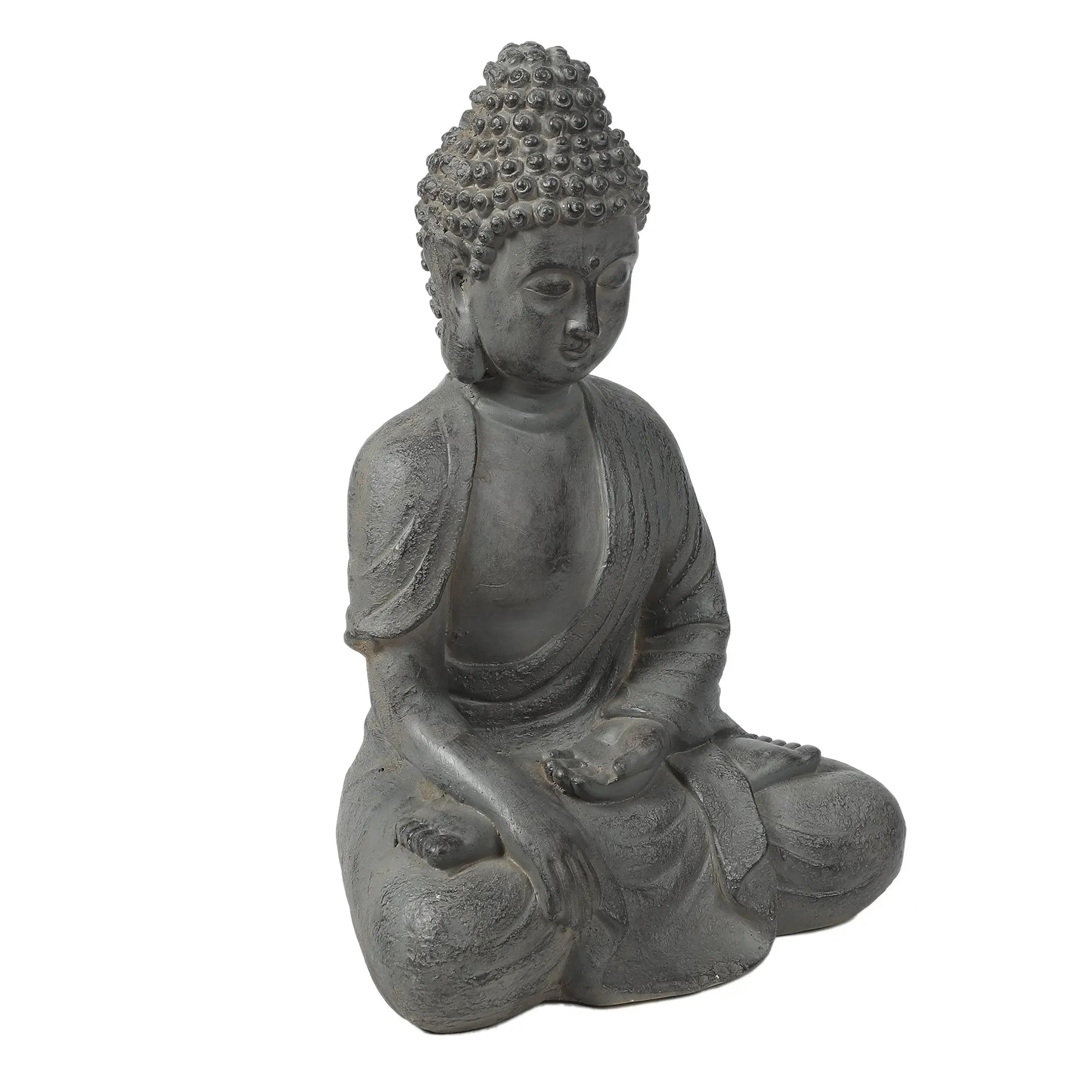Gray Buddha statue in a meditative pose with one hand resting on the lap and the other on the knee, perfect as weather resistant garden decor, isolated on a white background.