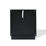 The LuxenHome Ethan bamboo stripped black nightstand is a modern side table featuring sleek white handles on two doors. Set against a plain white background, its minimalist design casts a soft shadow to the right.