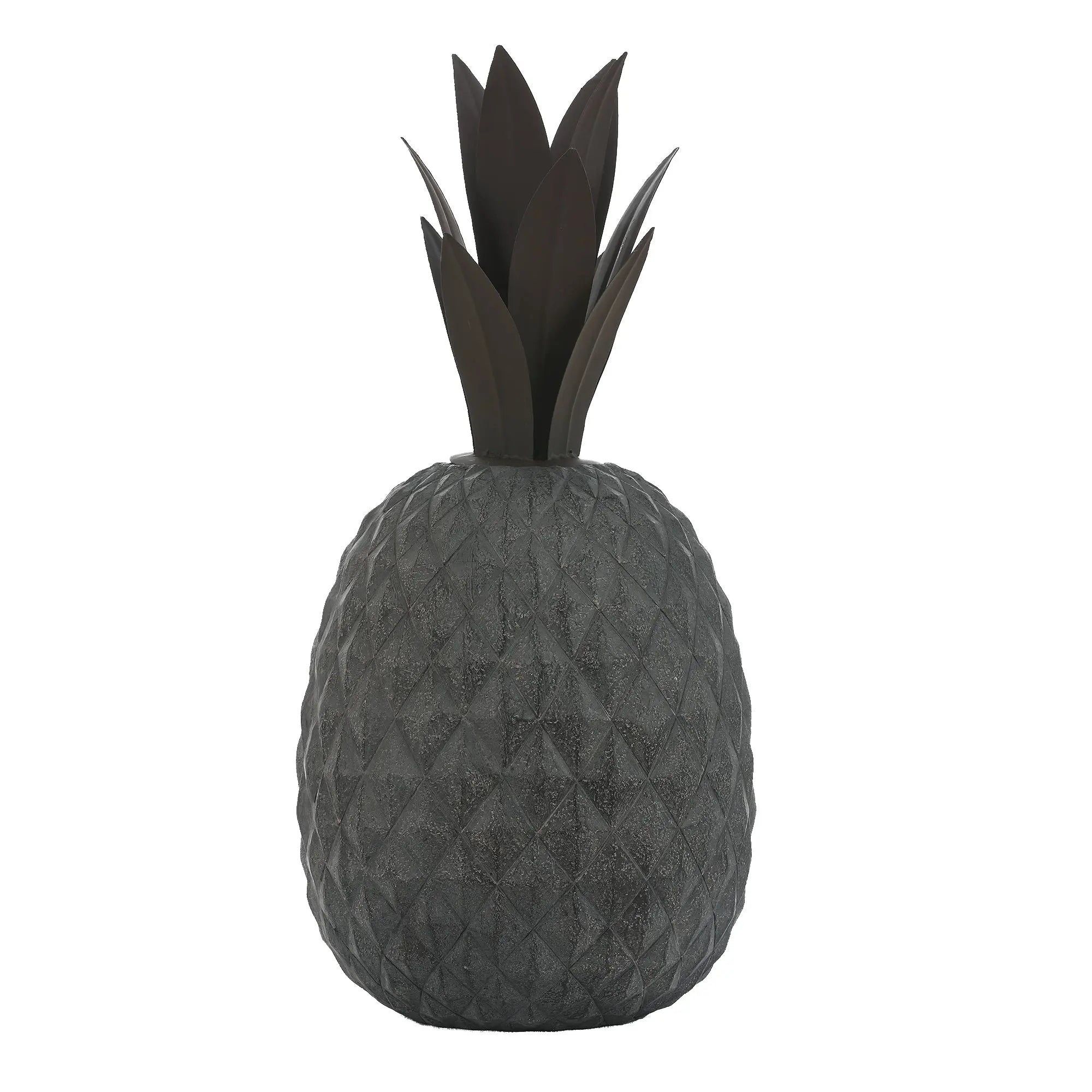 A decorative pineapple statue crafted from durable magnesium oxide, featuring a textured dark gray body and dark pointed leaves—perfect for outdoor decor.