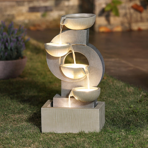 Gray Curves and Cascading Bowls Resin Outdoor Fountain with LED Lights