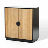 This contemporary black cabinet showcases two exquisite wooden doors featuring a geometric pattern and a central black circular handle, enhanced by natural bamboo strips for an elegant touch.