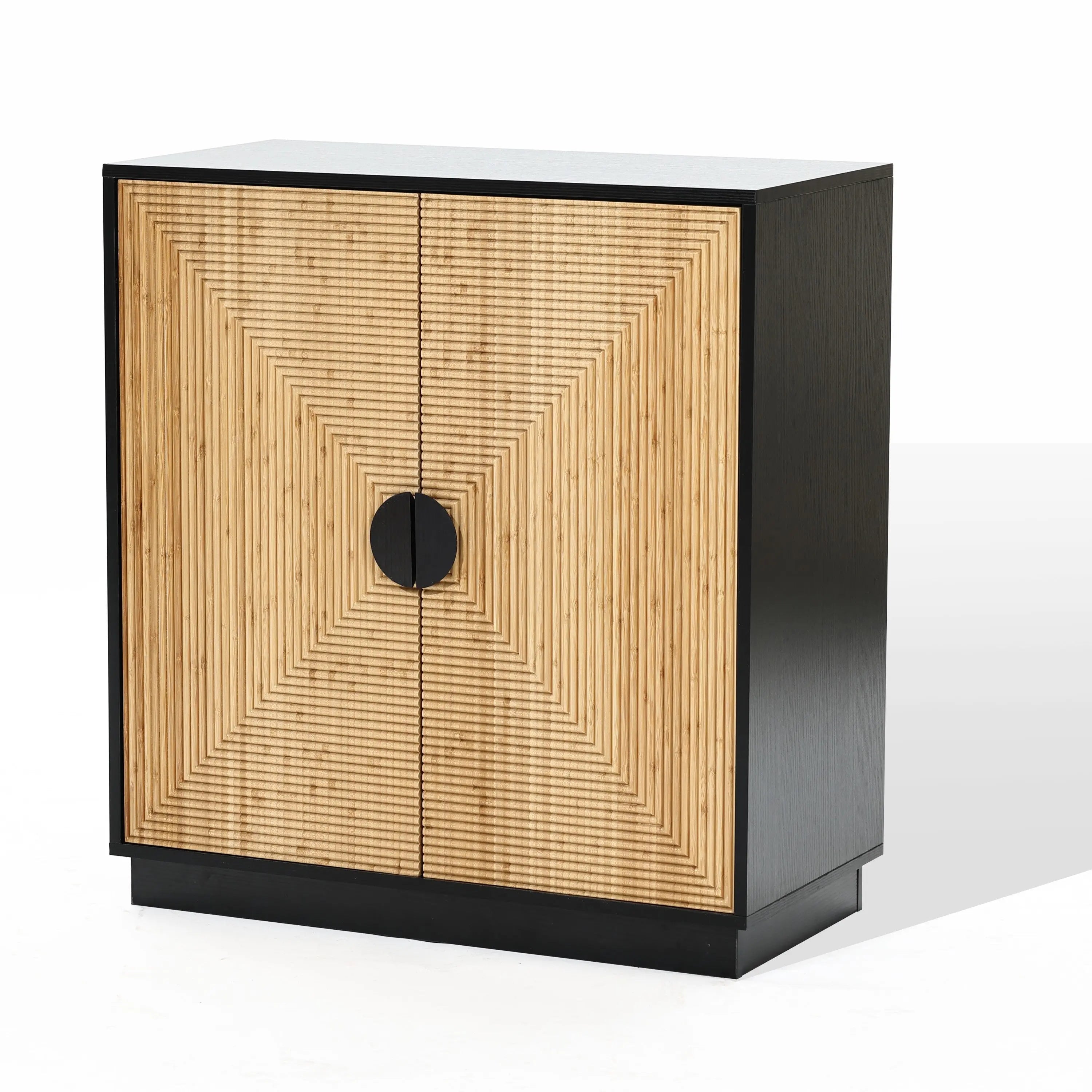 This contemporary black cabinet showcases two exquisite wooden doors featuring a geometric pattern and a central black circular handle, enhanced by natural bamboo strips for an elegant touch.