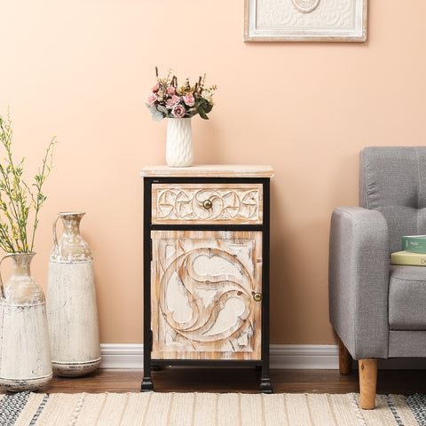 Black Metal Frame and Carved Wood 1-Door 1-Drawer End Table with Storage