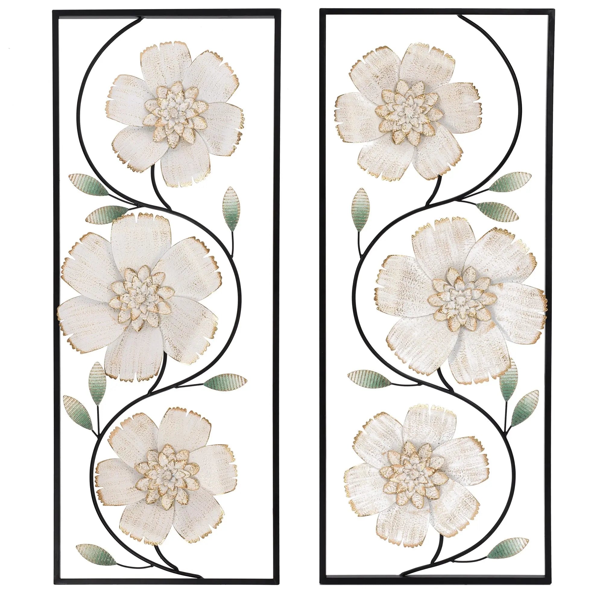 Off White and Gold Magnolia Flowers Black Metal Rectangular Wall Decor, Set of 2 - LuxenHome