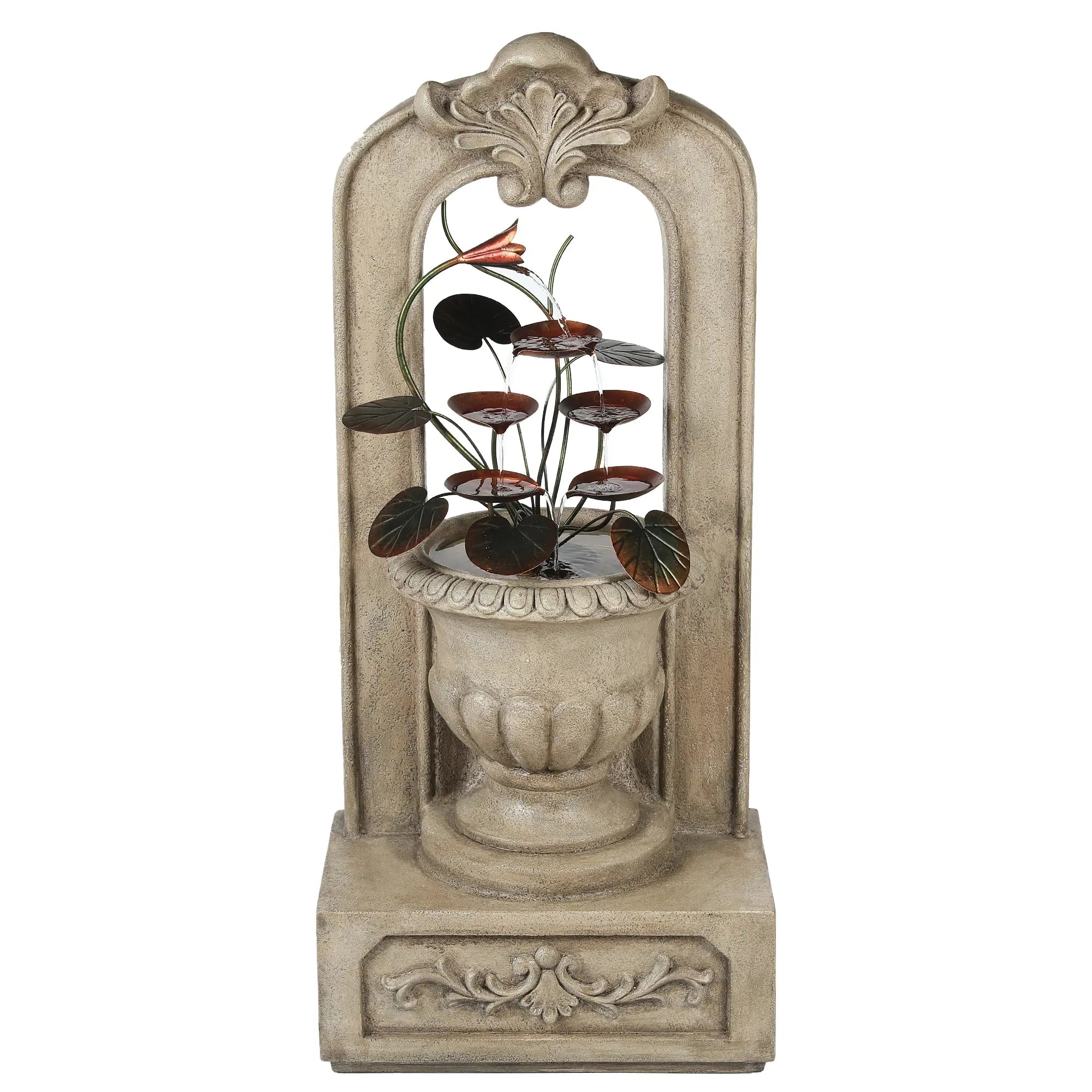40.35-inch-arched-cement-urn-with-metal-flowers-outdoor-fountain