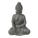 Gray weather resistant Buddha statue in a seated meditation pose with one hand resting on the knee and the other on the lap, wearing a draped robe—perfect as serene garden decor.