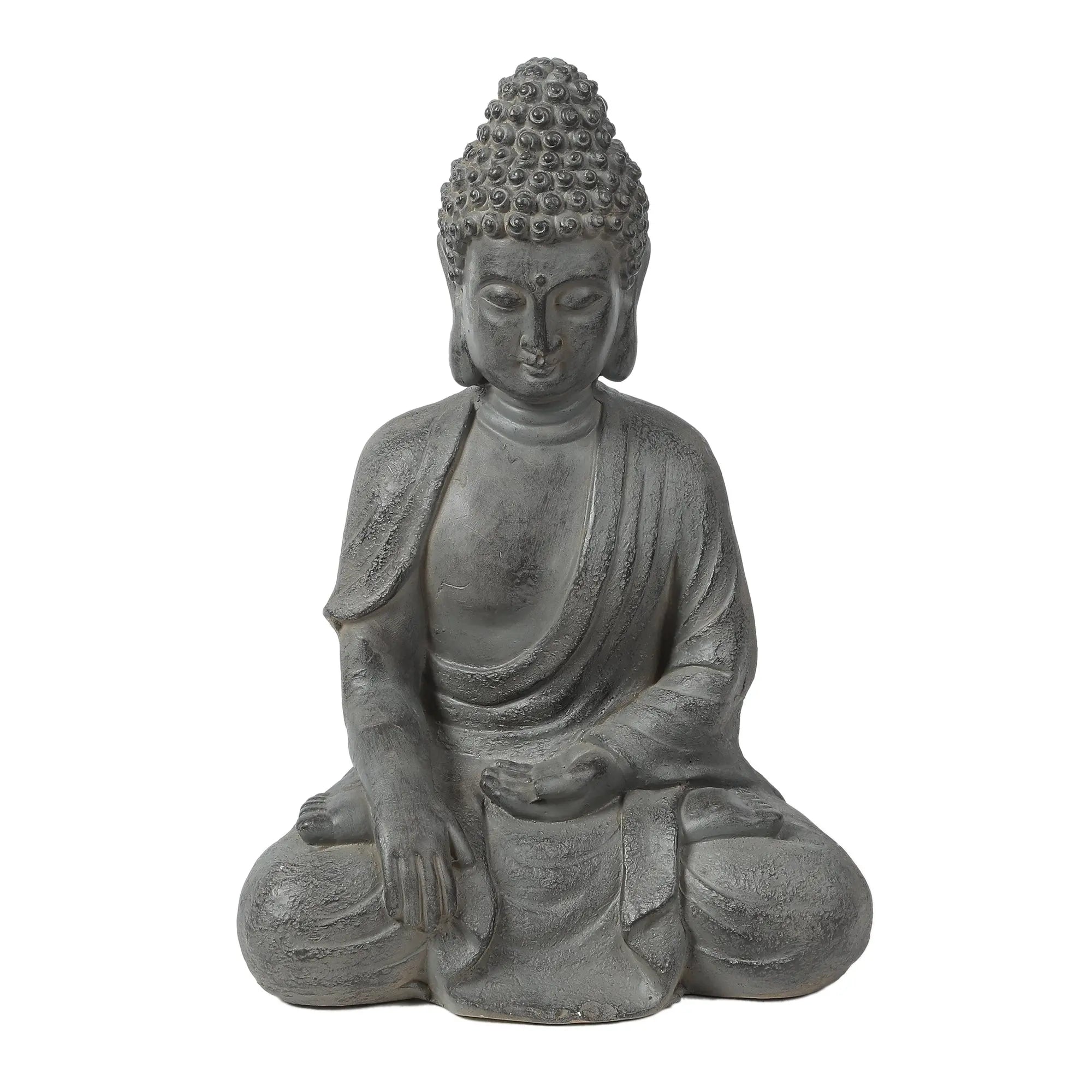 Gray weather resistant Buddha statue in a seated meditation pose with one hand resting on the knee and the other on the lap, wearing a draped robe—perfect as serene garden decor.