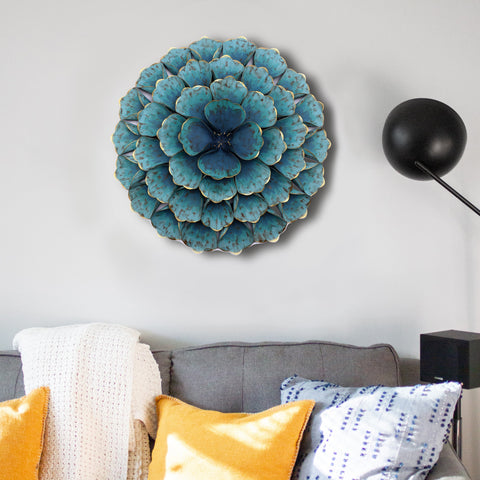 Round Teal Blue Flower Metal Wall Decor