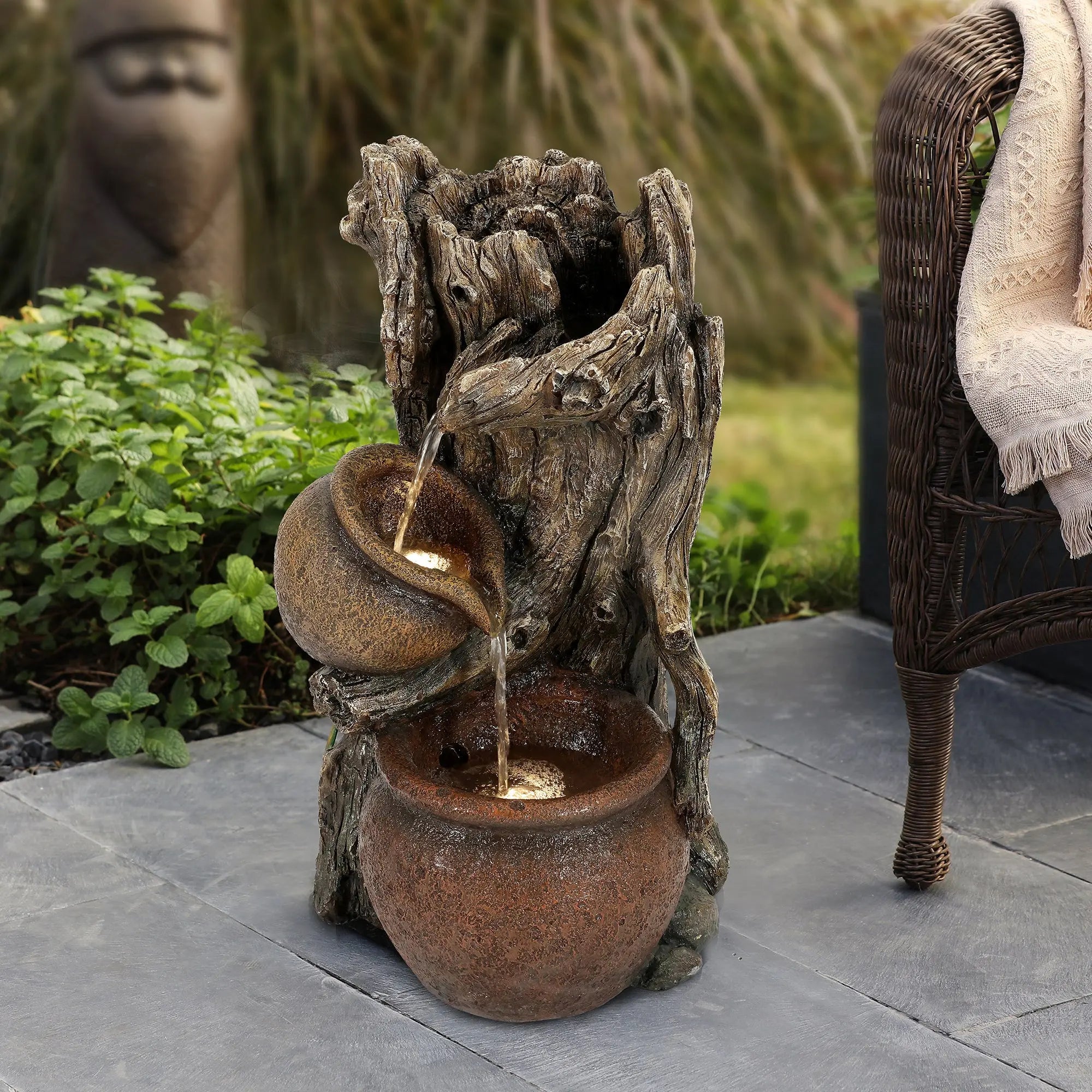 planter pot water fountain LuxenHome Brown Resin Tree Farmhouse Pots Outdoor Fountain with LED Lights