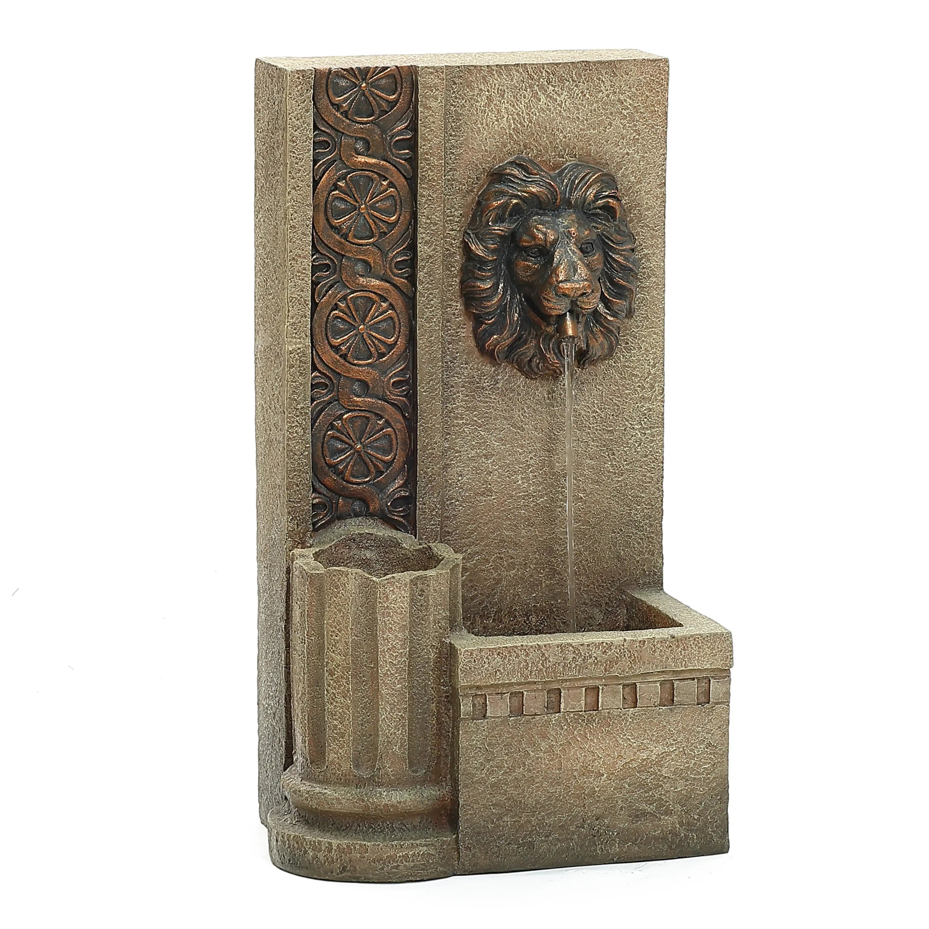 Sandstone Regal Lion Head Floor Water Fountain with Lights - LuxenHome