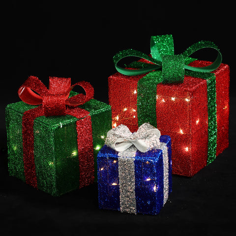 Set of 3 Multi-Color Presents with Bows Lighted LED Indoor Outdoor Holiday Decoration