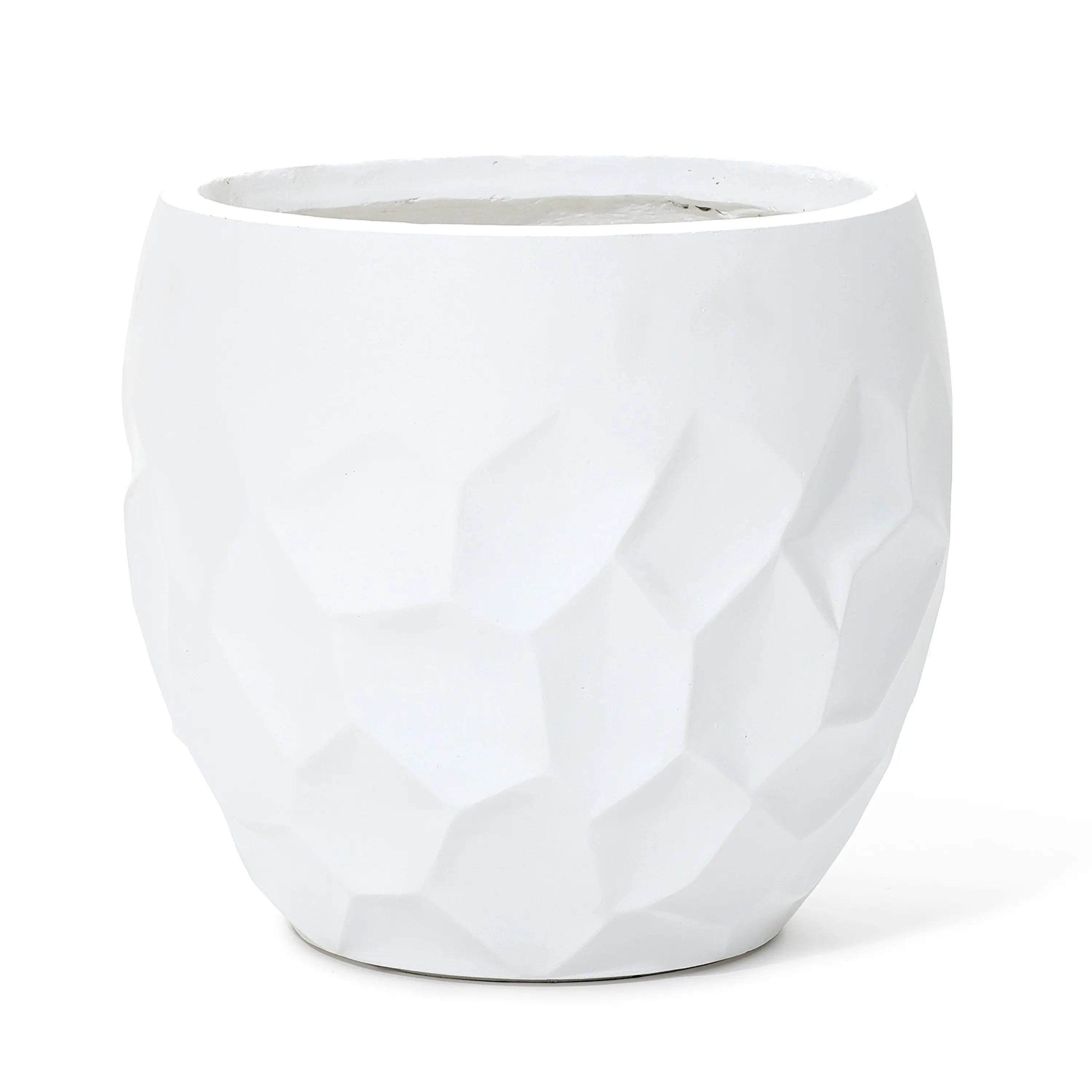 A white textured ceramic planter features a striking geometric pattern and a smooth rim, perfect for both indoor and outdoor use.