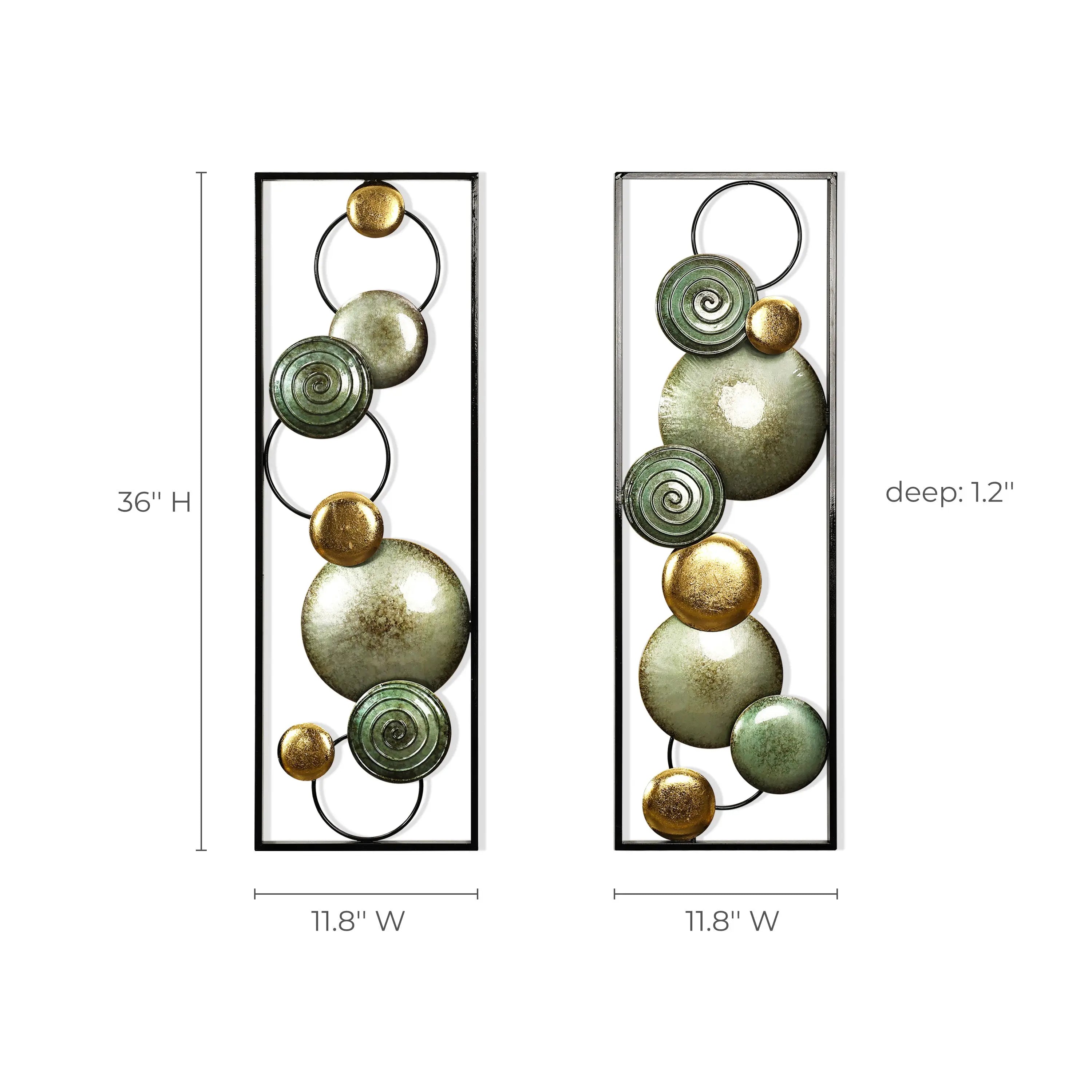 Enhance your modern setting with two vertical wall art pieces featuring circular designs in green and gold tones. Each stunning piece of metal wall decor measures 36 inches high, 11.8 inches wide, and 1.2 inches deep, perfectly blending metal and tin for a chic look.