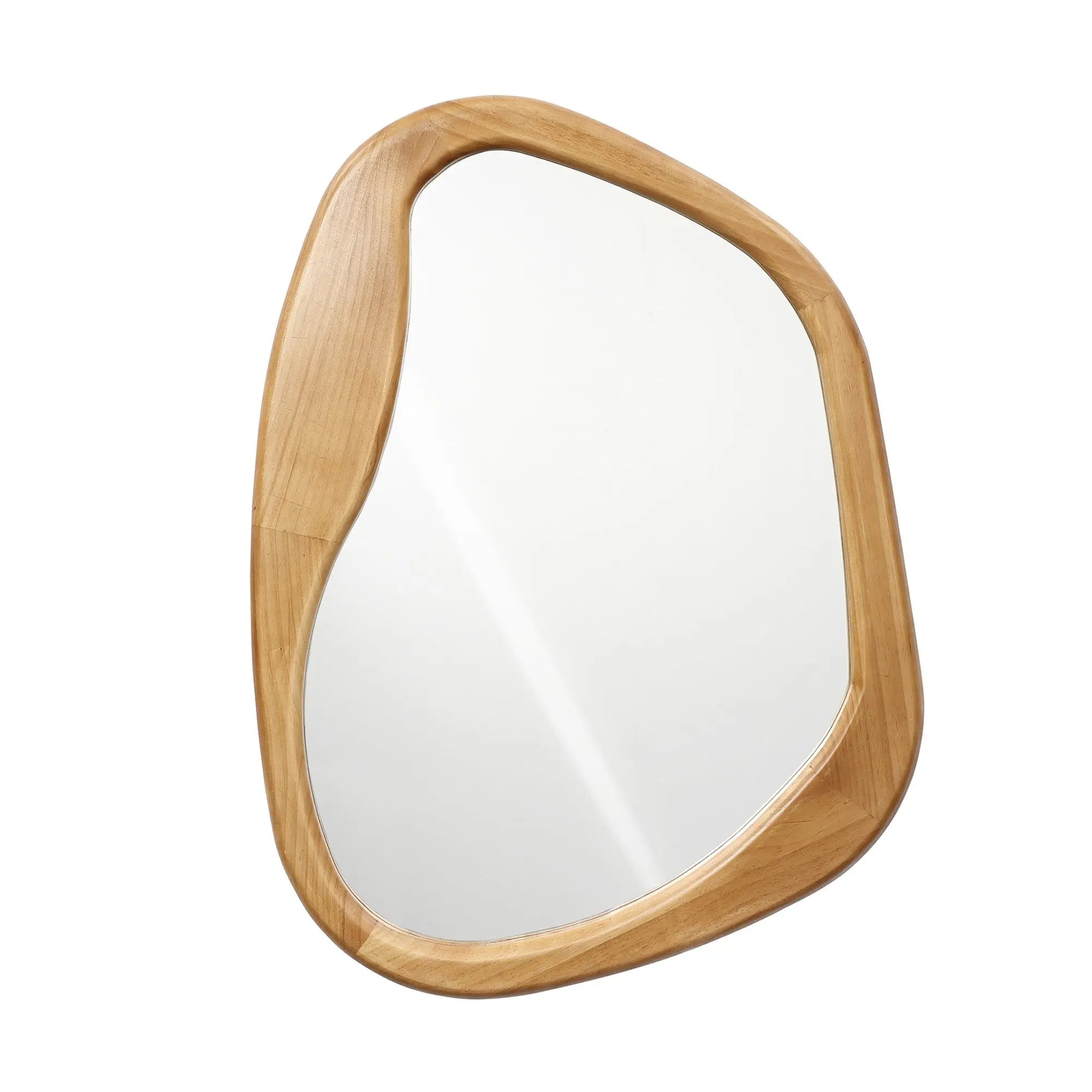 Organic and asymmetrical, this wooden framed mirror features a smooth finish, seamlessly blending natural elegance with decor sophistication.