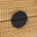 The Ethan Bamboo Stripped Black Nightstand by LuxenHome features a textured wooden drawer with a large black circular handle. The geometric, layered wood pattern adds a decorative border effect that enhances its eclectic charm.