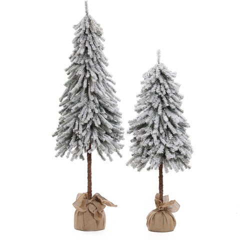 Set of 2 Pre-lit Snow-Flocked Potted Artificial Christmas Tree
