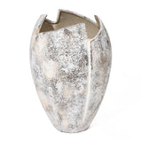 A textured, oval-shaped decorative piece with a wide opening and abstract broken egg design, this ceramic vase features shades of gray and off-white.