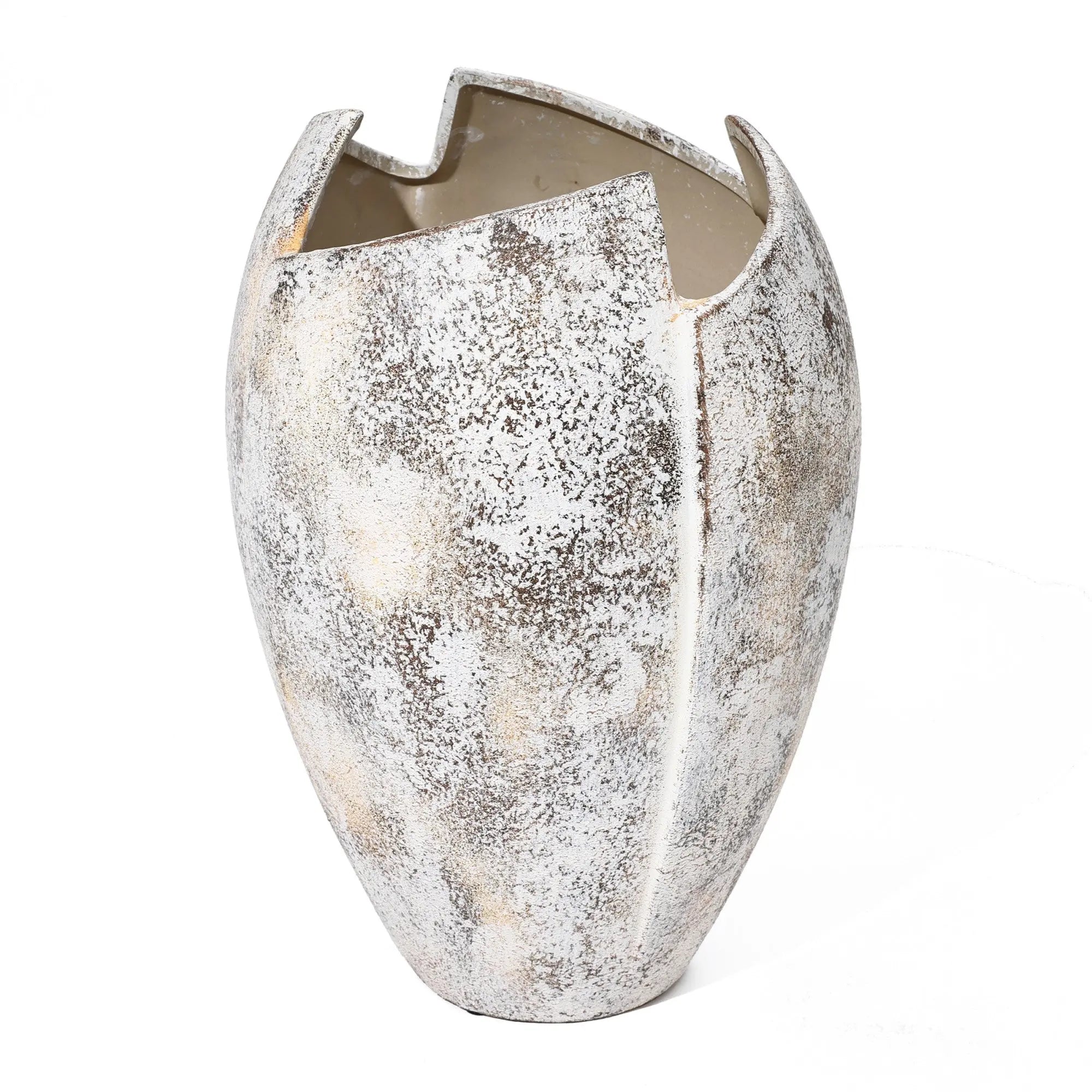 A textured, oval-shaped decorative piece with a wide opening and abstract broken egg design, this ceramic vase features shades of gray and off-white.