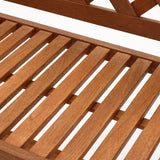 Close-up of an outdoor bench seat featuring evenly spaced slats in solid wood construction.
