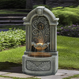 Charming-fountain-with-symmetrical large-leaf-decorations-and-lights