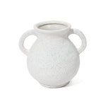A white, speckled round vase with two handles, reminiscent of a vintage-inspired vase, is photographed against a plain white background.