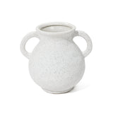 A white, speckled round vase with two handles, reminiscent of a vintage-inspired vase, is photographed against a plain white background.