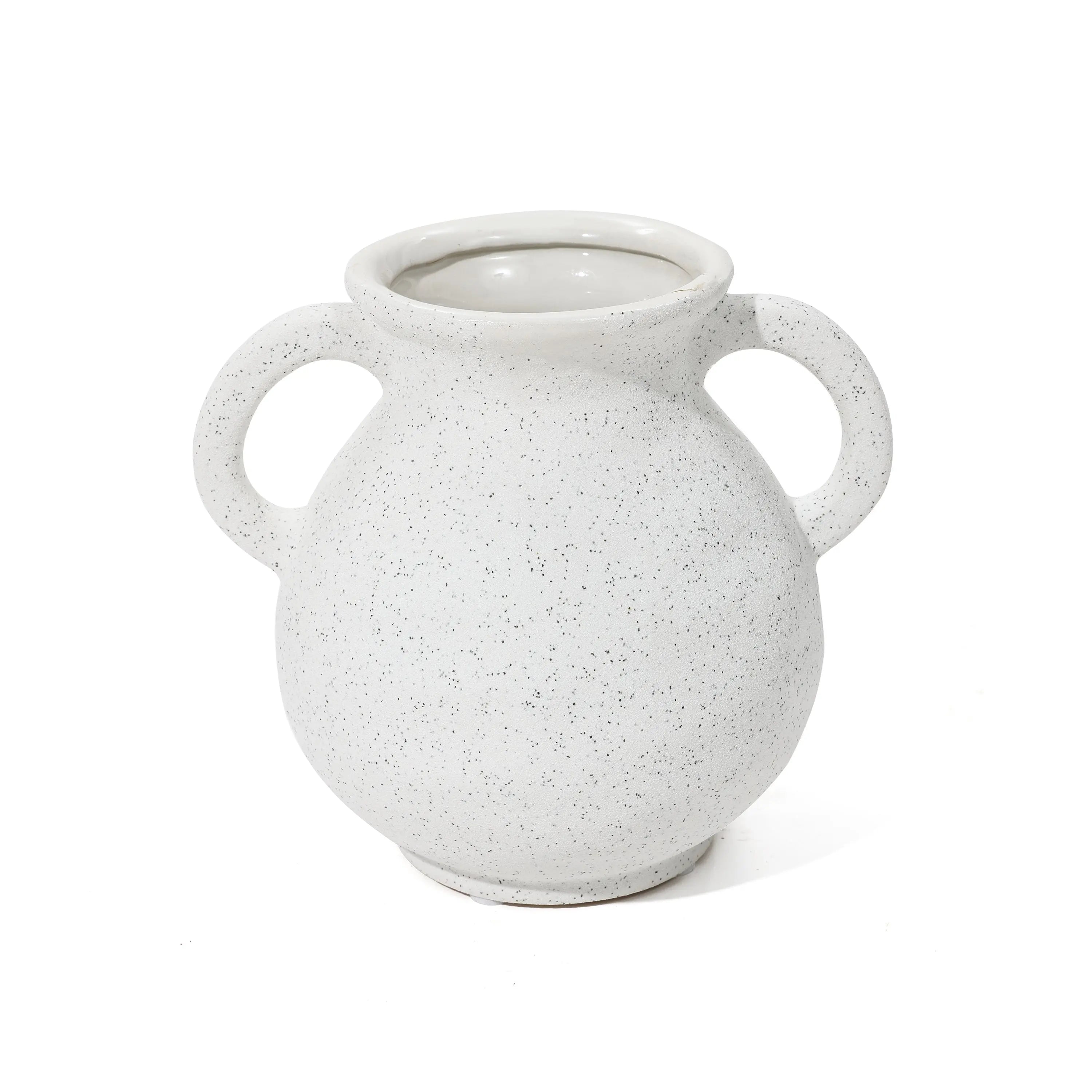 A white, speckled round vase with two handles, reminiscent of a vintage-inspired vase, is photographed against a plain white background.
