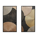 Two abstract wall art pieces with embossed textures feature overlapping spirals in gold, silver, and bronze hues on a black background.