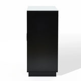 Side view of a tall, black cabinet featuring contemporary design elements against a plain white background.