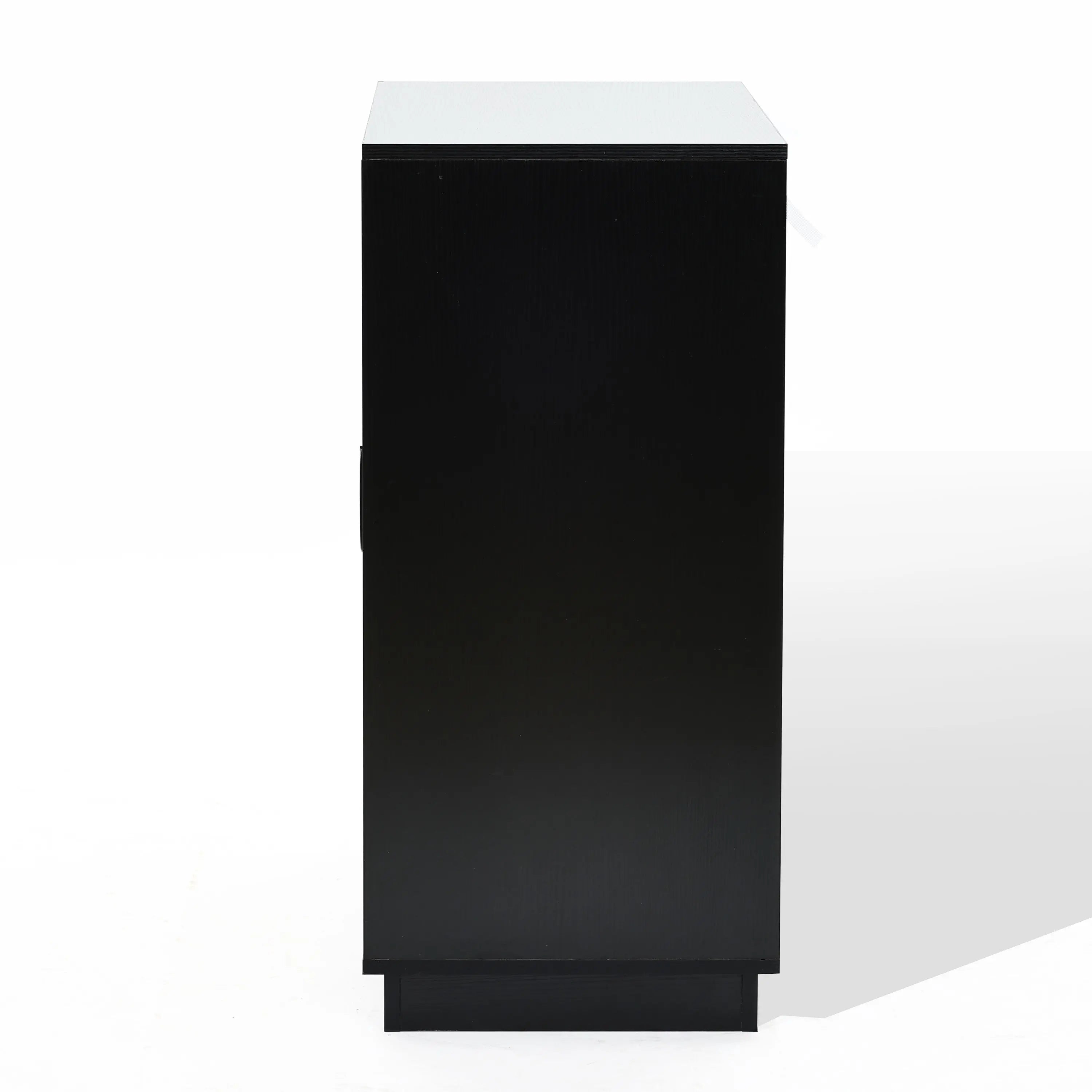 Side view of a tall, black cabinet featuring contemporary design elements against a plain white background.