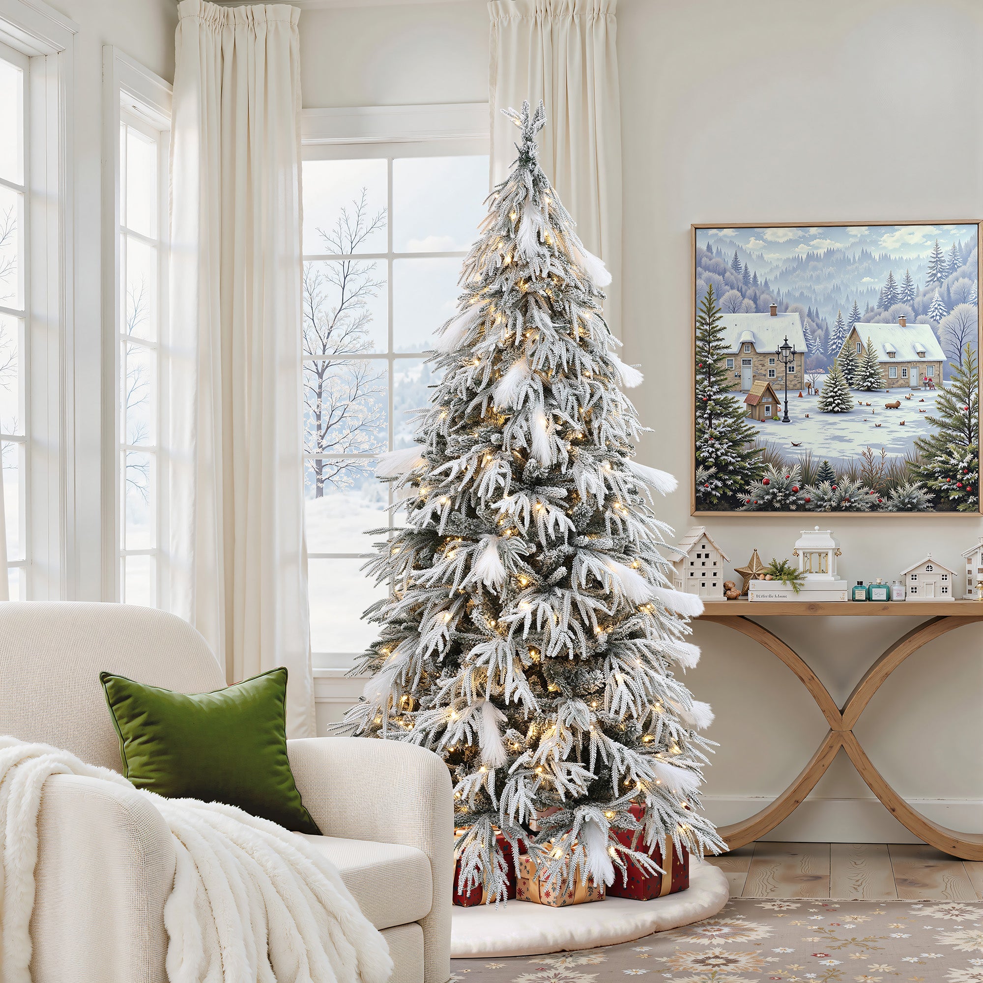 A snow-flocked Christmas tree with lights stands by a window in a bright living room, decorated with wrapped presents, a painting, and neutral furnishings.