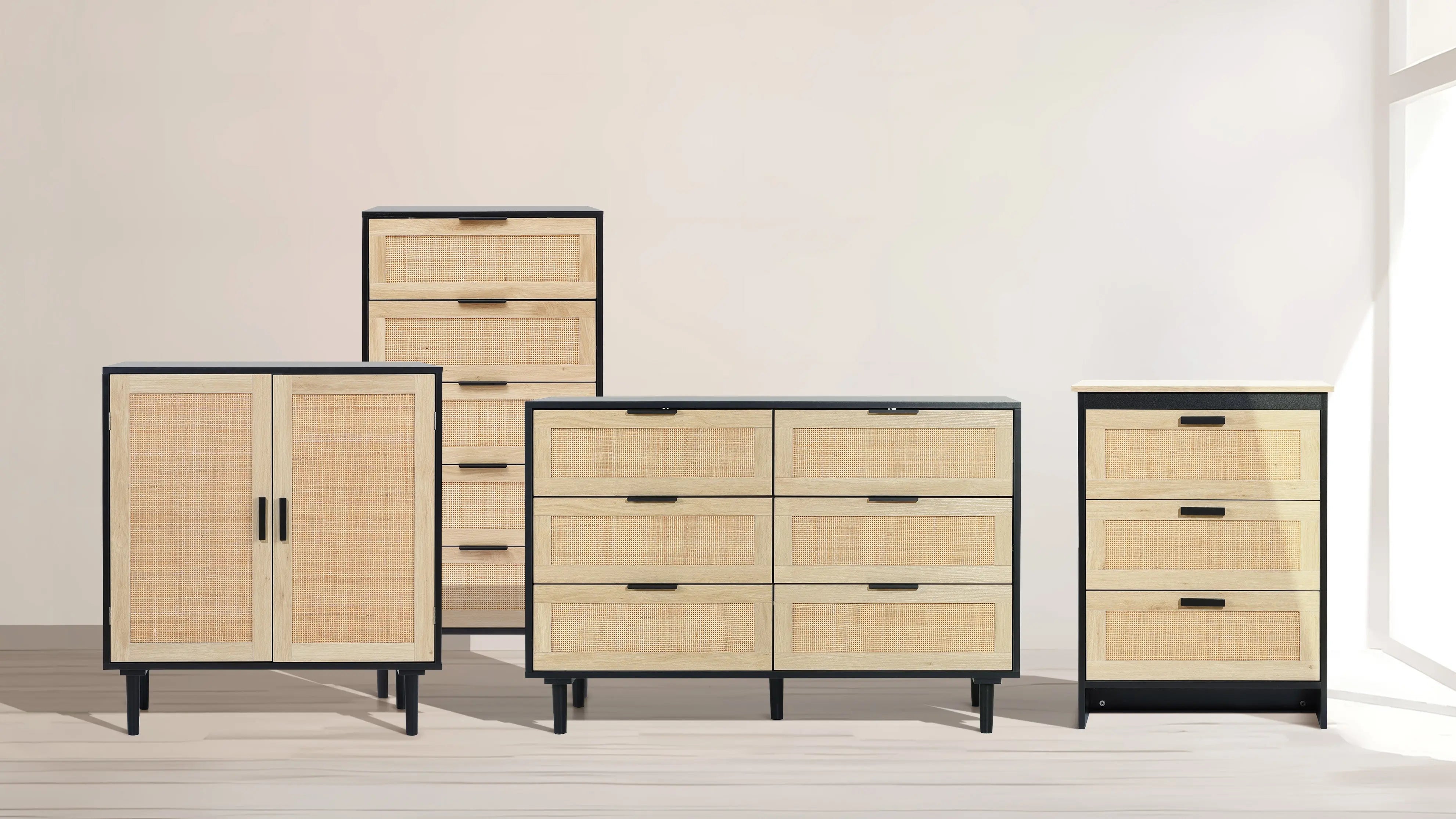 Four pieces of modern wooden furniture with woven rattan fronts, including a cabinet, two dressers, and a chest of drawers, displayed against a neutral background.