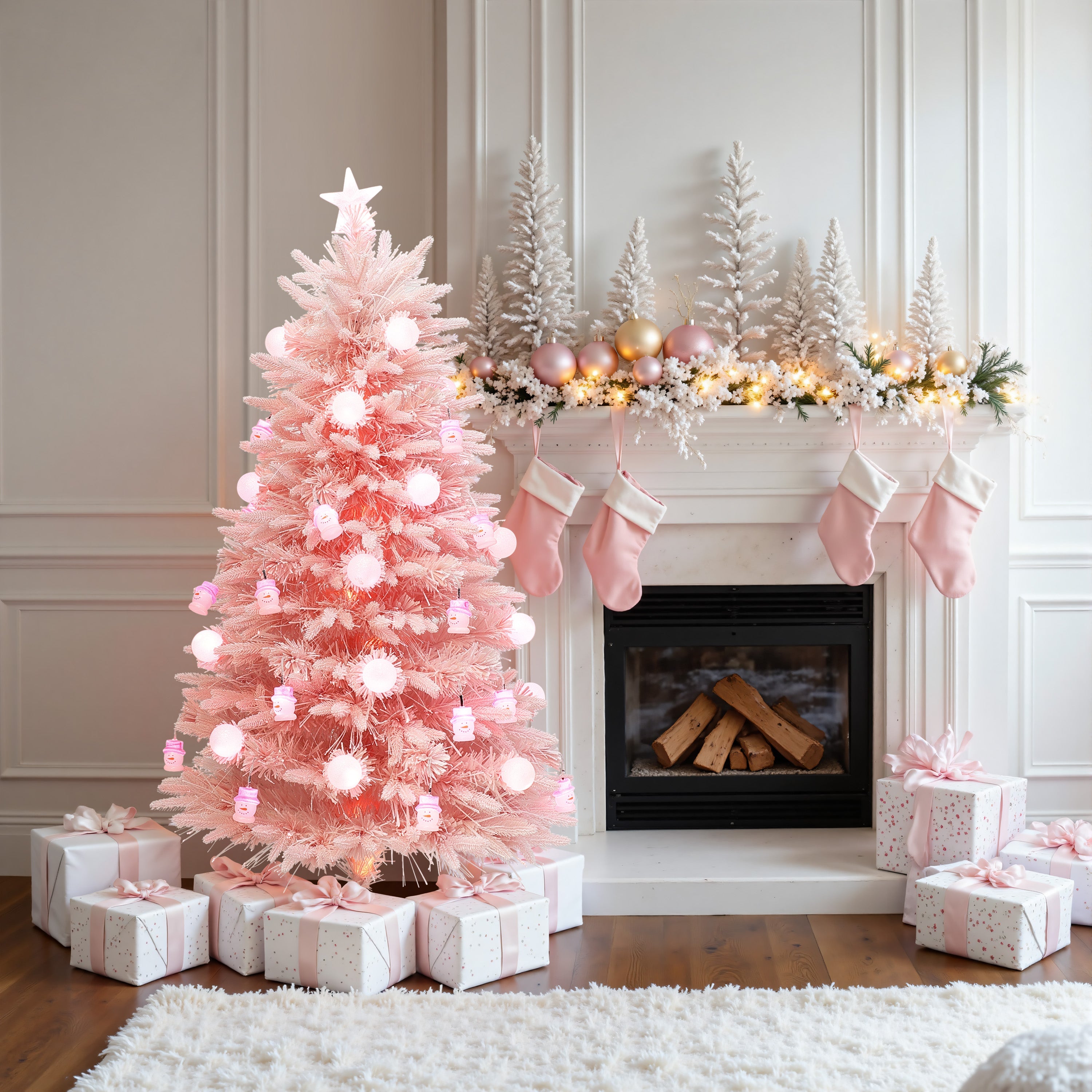 A pink Christmas tree with white and pink ornaments stands next to a fireplace decorated with stockings, garland, and wrapped presents in a pastel-themed living room.