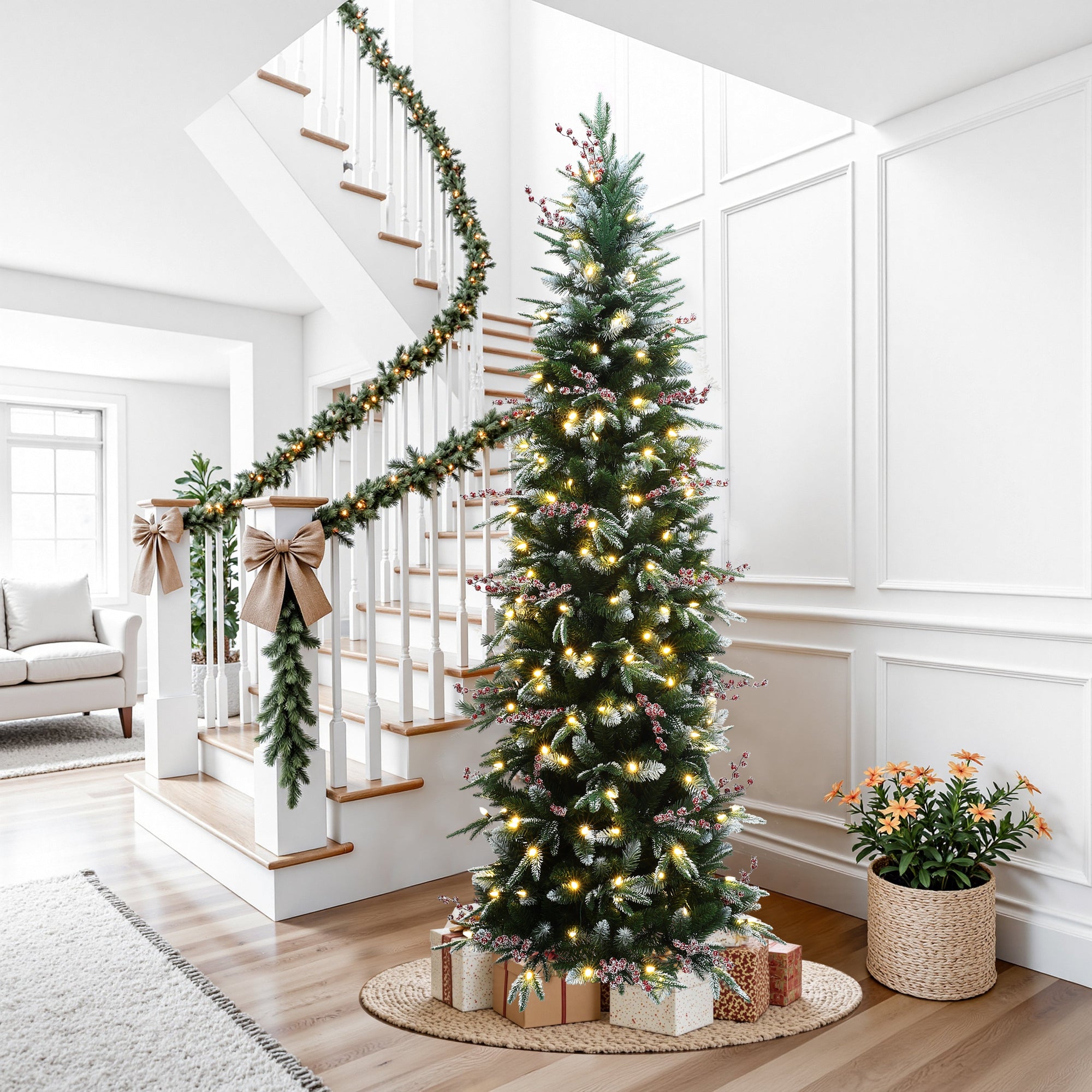 A snow-flocked Christmas tree with lights and red presents stands by a window in a cozy living room with a cream armchair and winter landscape painting on the wall.