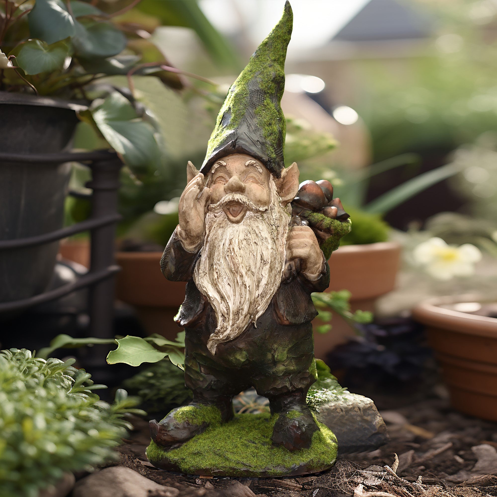 Garden gnome with a long beard and pointed hat stands in a garden setting, holding a bag on its back and smiling.