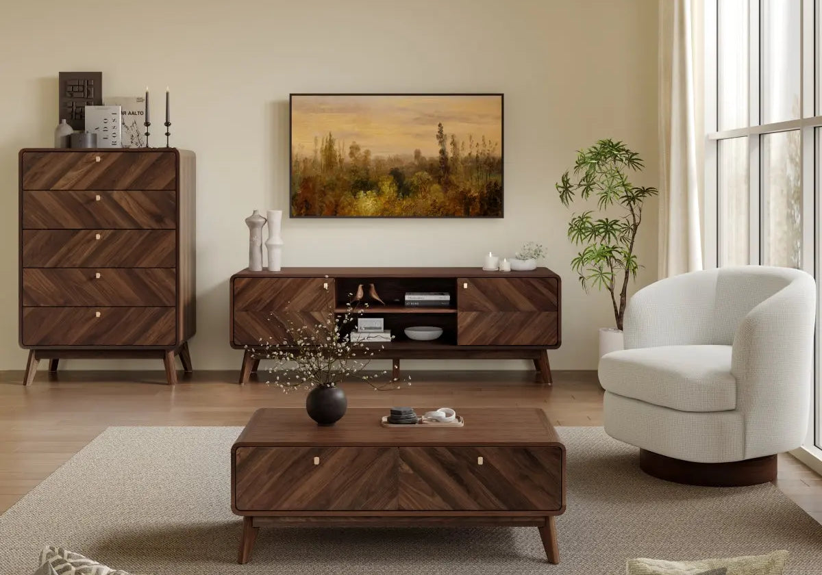 living room furniture set up consists of wood cabinet, coffee table, accent chair, sofa, planter and vases as accent