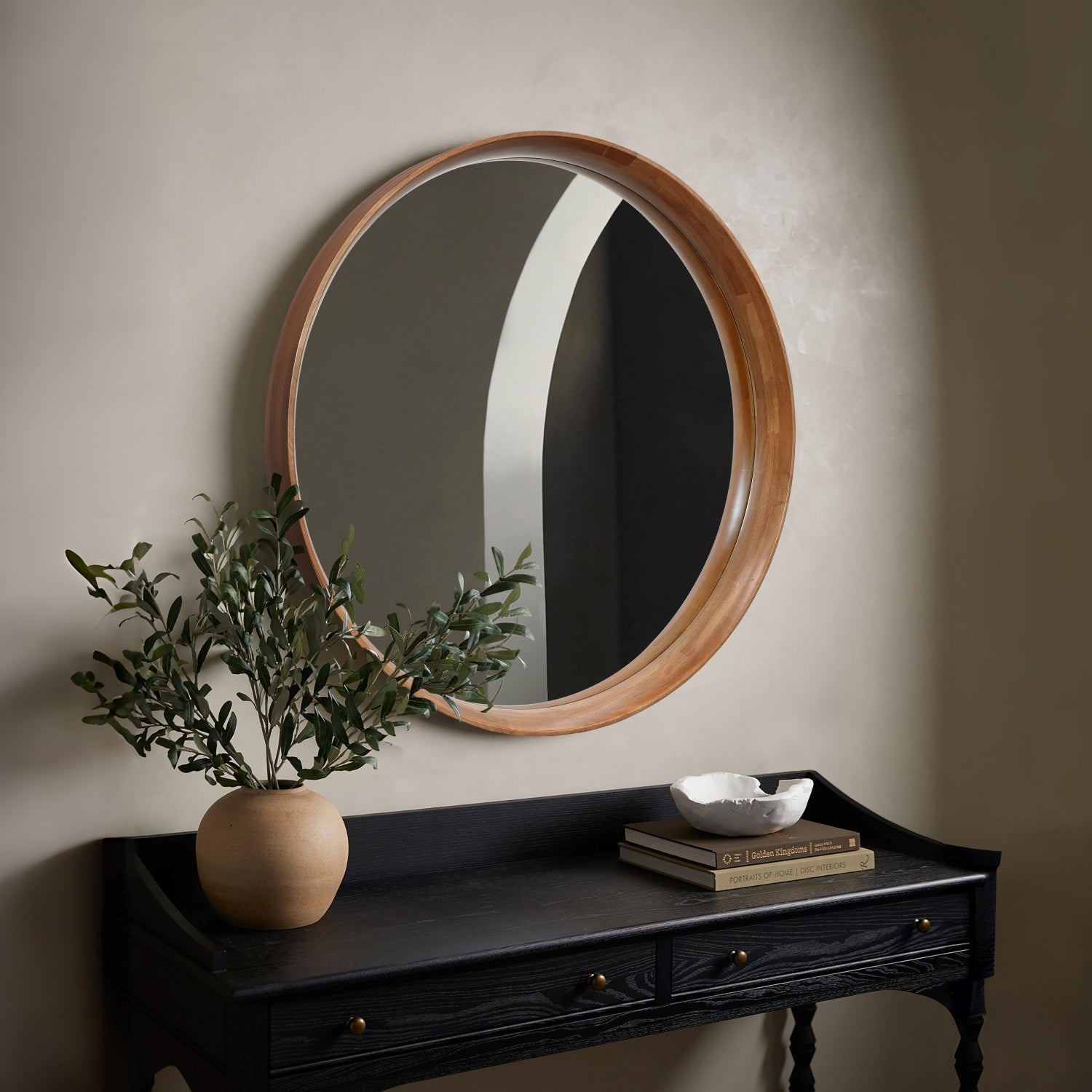 wood-frame-round-accent-wall-mirror-for-entryway