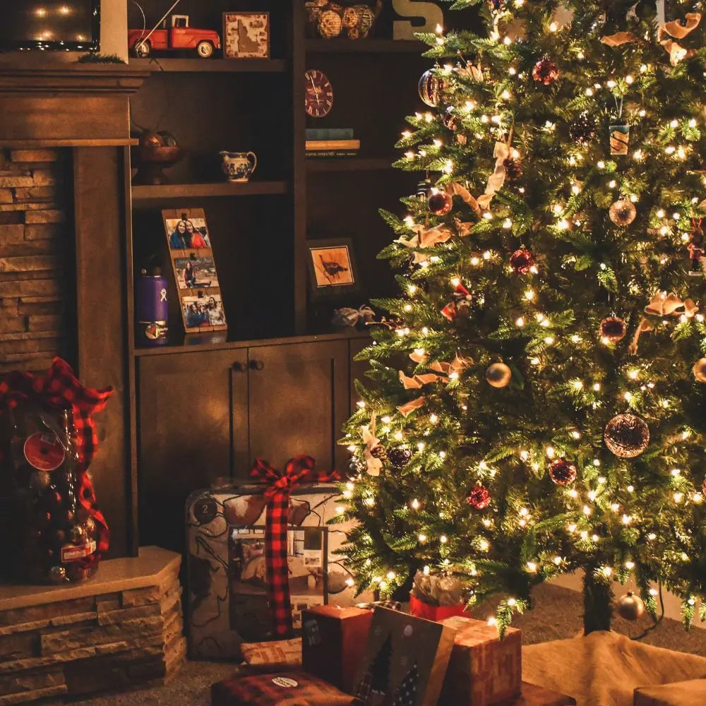 A decorated Christmas tree with lights and ornaments stands beside a fireplace and bookshelves, with wrapped gifts placed underneath the tree.